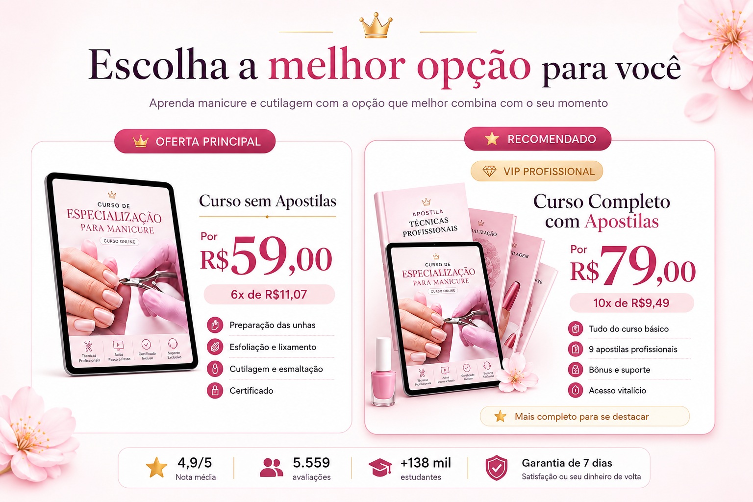 Comparativo entre o curso principal por R$ 59 e o VIP profissional por R$ 79